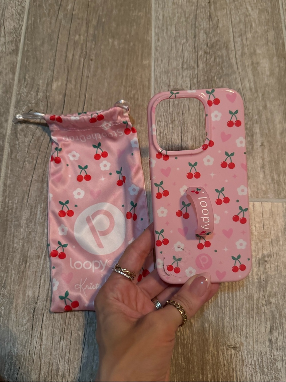 Krista Horton Loopy Phone Case (Cherry cute) with Matching Pouch. iPhone 15 pro